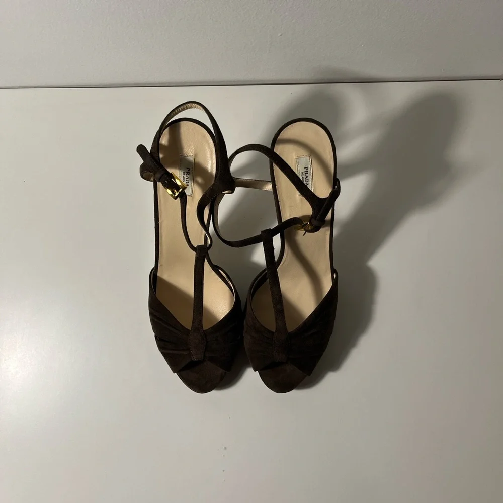 Prada Cutout Peep Open Toe Suede T-Strap Platform Stiletto Pump Heels Sandals - Picture 8 of 12